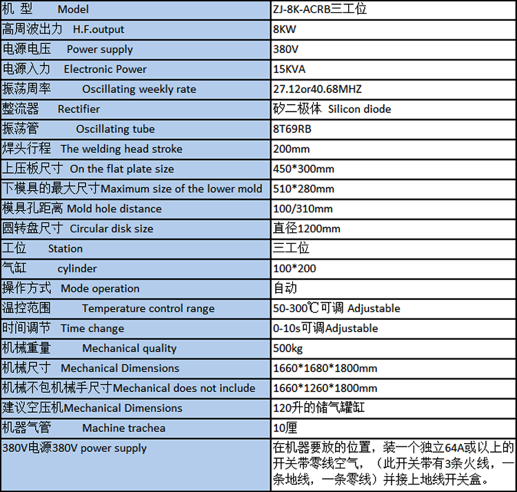 全自动高周波机技术参数