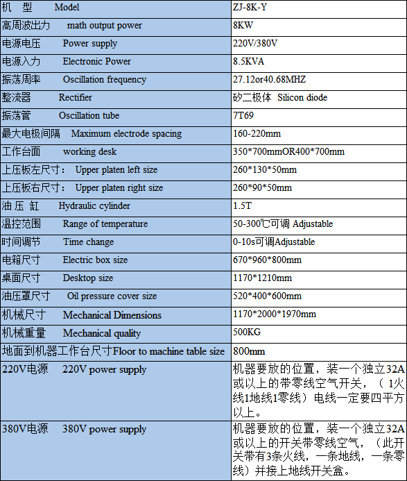 油压式高周波机技术参数